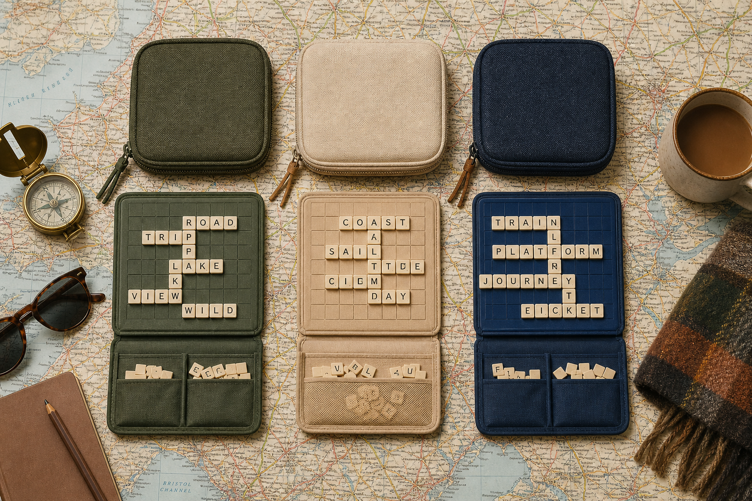 Several compact travel word games on a map