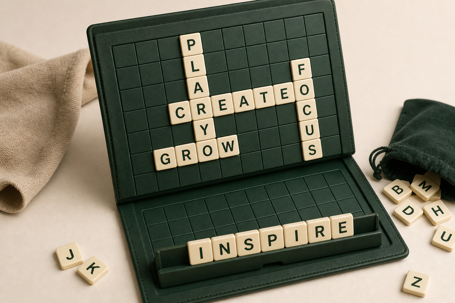 Magnetic letter tiles on folding travel word board