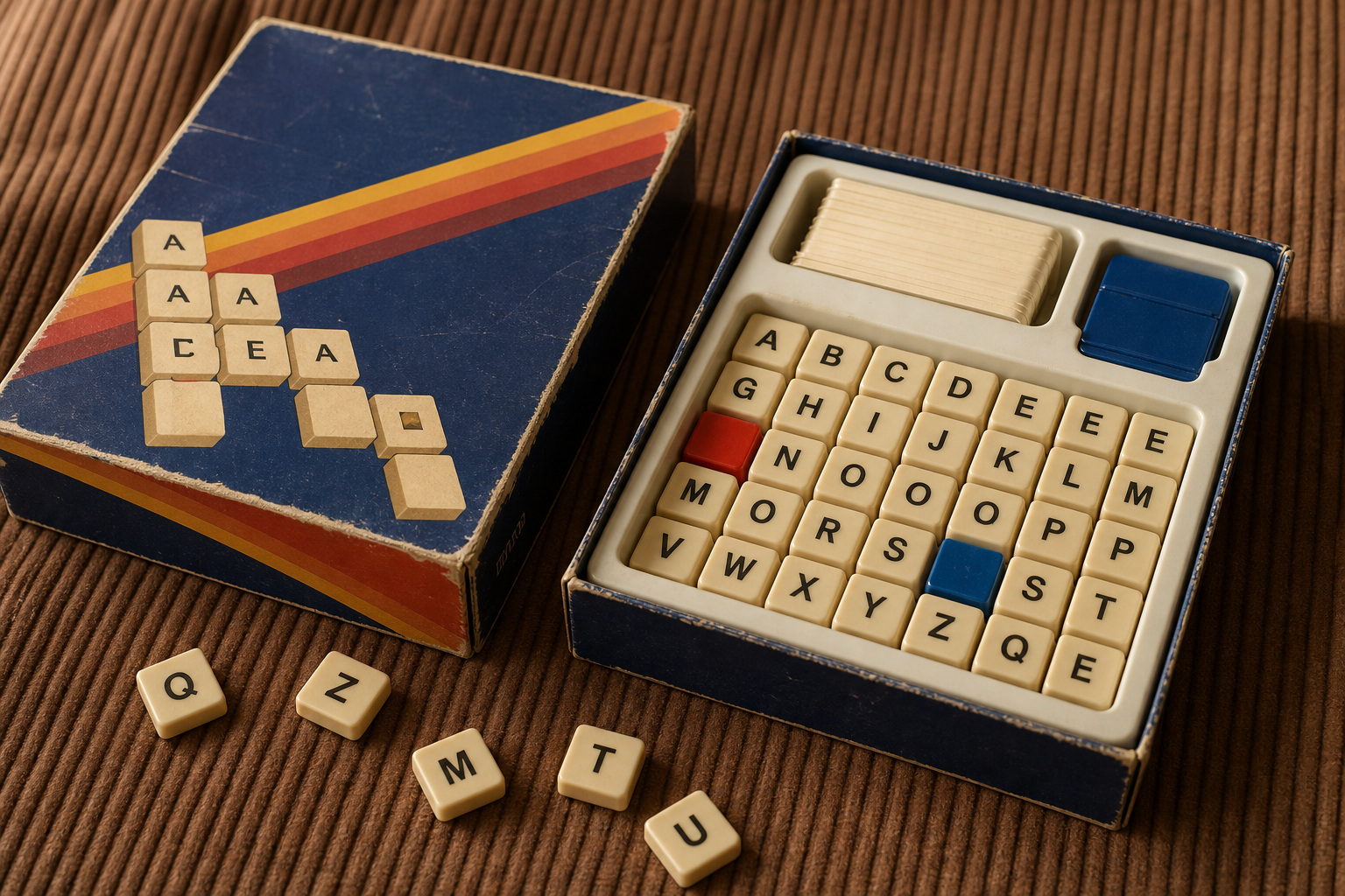 Vintage pocket travel word tile game in cardboard box