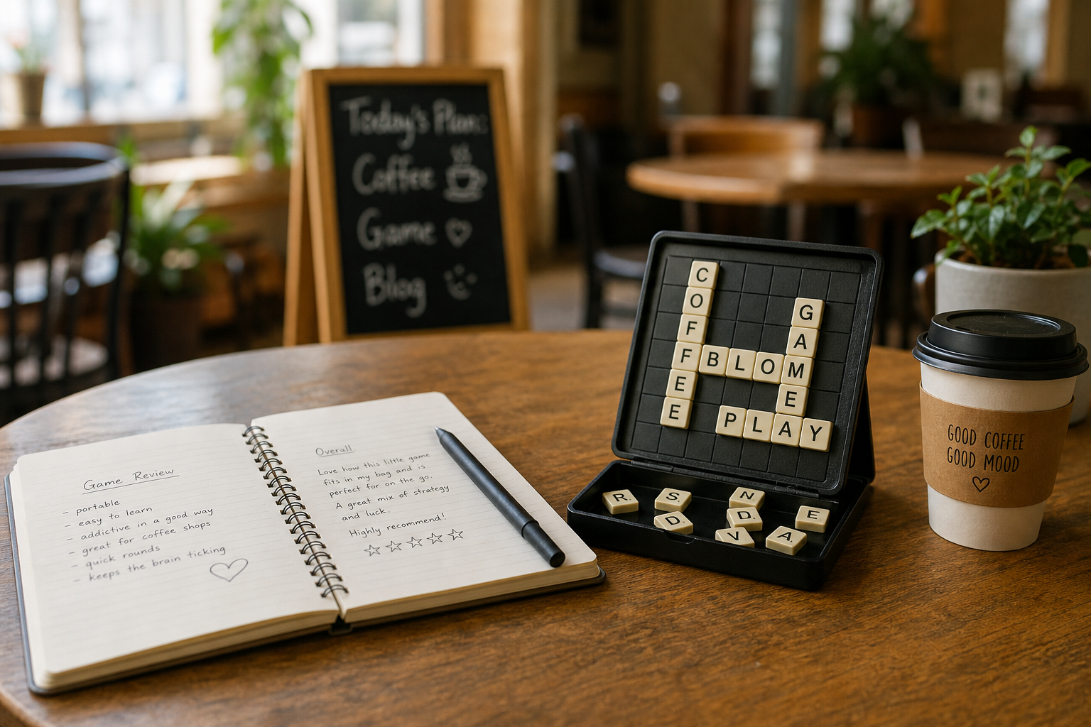Notebook and travel word game on cafe table